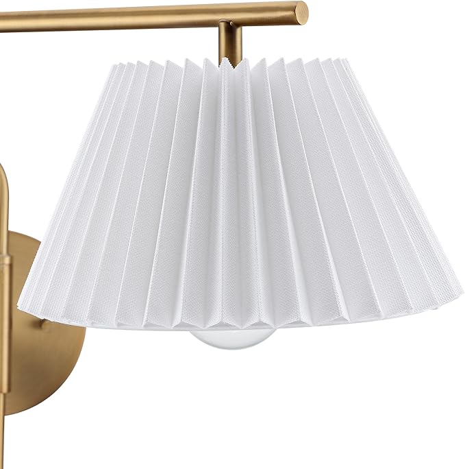 Nathan James Kai Modern Wall Mounted Plugin Bedside Reading Lamp with Pleated Shade, Vintaged Brass Finish, Set of 2
