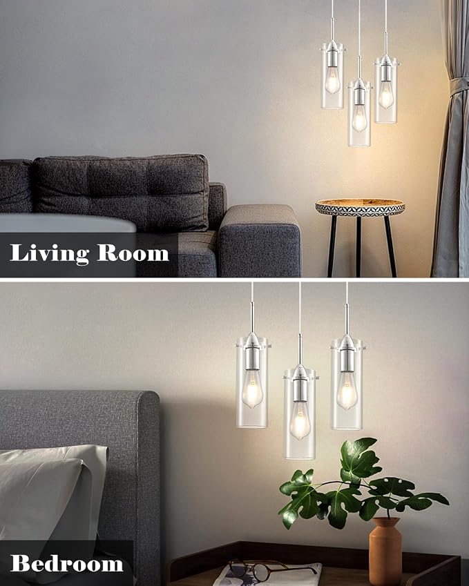 Chrome Pendant Lights Kitchen Island 3 Packs, Glass Pendant Light, Modern Clear Glass Pendant Light Fixture, Pendant Lights for Kitchen Island, Living Room, Bathroom