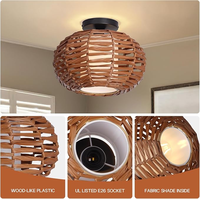 CALOKES Boho Semi Flush Mount Ceiling Light, Rattan Style Hand Woven Shade, Farmhouse Ceiling Fixture for Bedroom, Kitchen, Hallway, Entryway