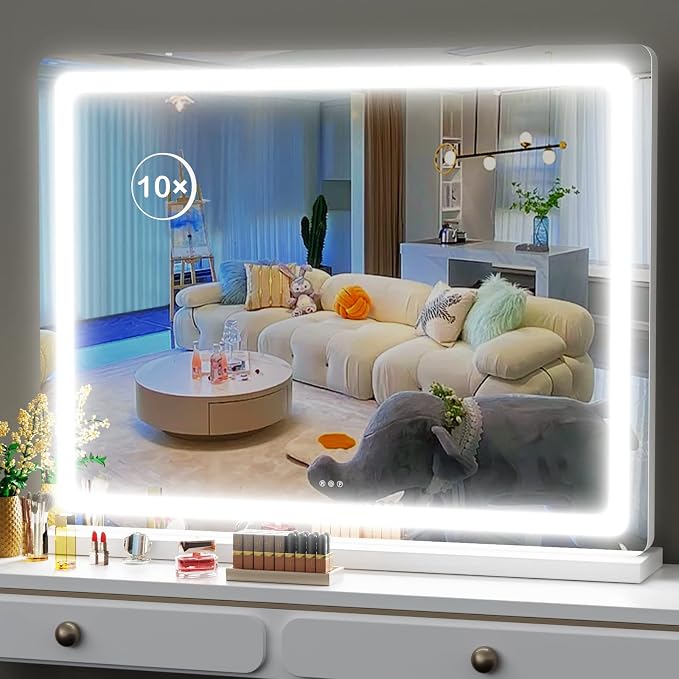 Gvnkvn Makeup Vanity Mirror with Lights 32" x 24" Large LED Makeup Mirror, Light up Mirror with 10X Magnification and USB Charging Port, with Dimmable 3 Modes, Touch Screen Control Round White
