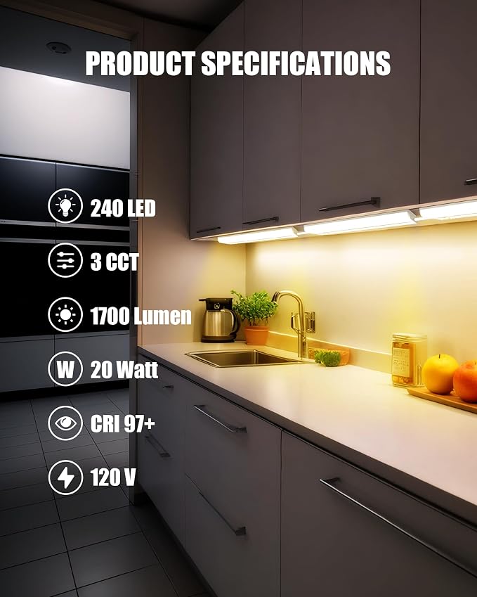 30‘’ Hardwired Under Cabinet Lighting, 3 Color Settings - 2700K/4000K/5000K | Warm White, Cool White, and Daylight Under Cabinet Lighting, 20W 1600LM Dimmable Under Counter Lights for Kitchen, CRI>97