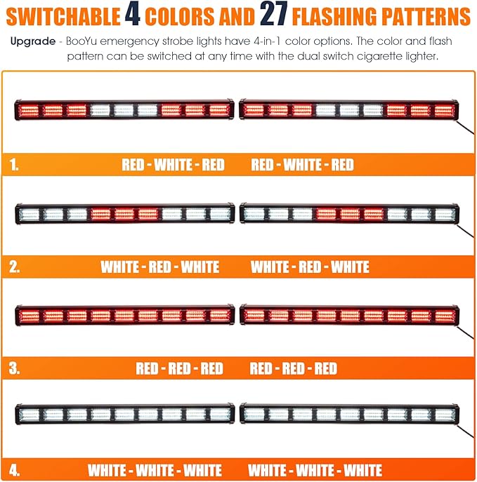 BooYu [Upgraded] Switchable 4 Colors Emergency Strobe Traffic Advisor Light Bar 162 LED Windshield 2 in 1 Visor Safety Warning Hazard Flashing Lights for Firefighter Police Truck Vehicle (Red/White)
