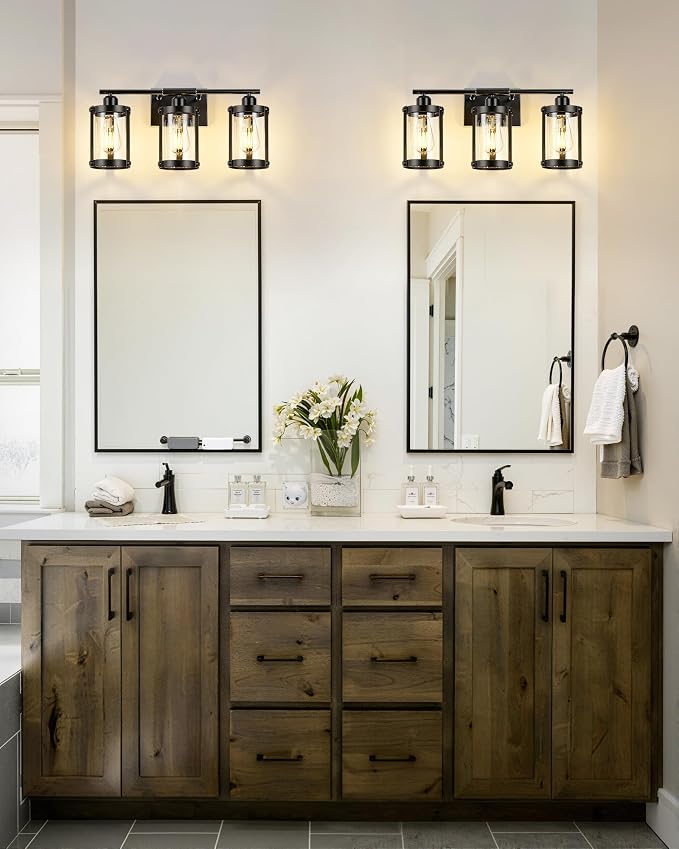 3-Light Black Bathroom Light Fixtures, 21 Inch Modern Bathroom Vanity Lighting Fixtures Over Mirror with Clear Glass and Metal Cage Wall Sconce Lights for Bath, E26, OS-3014BK-3W