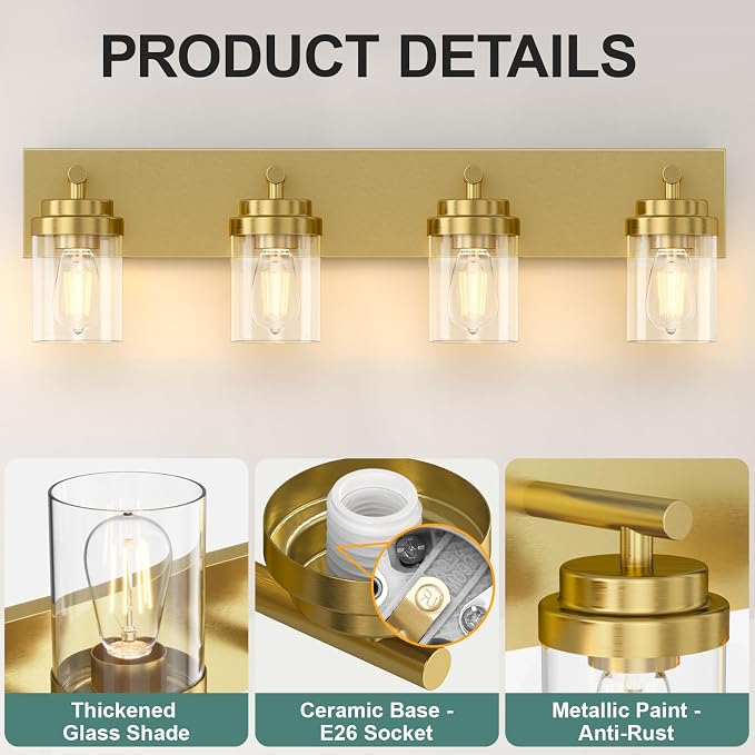 IZORRO Bathroom Vanity Light Fixture, 4-Light 30 Inch Gold Bathroom Light Fixtures Over Mirror, with Clear Glass Shade, Modern Farmhouse Vanity Lights, Rustic Restroom Lighting Fixtures