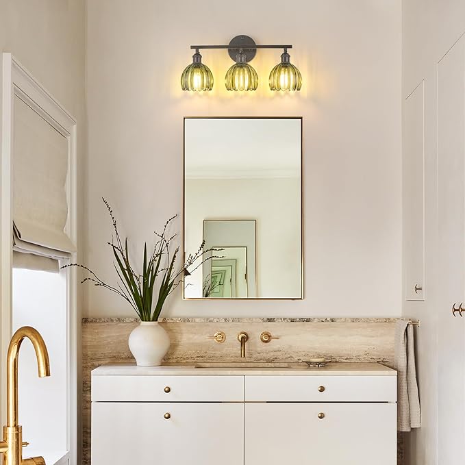Bathroom Light Fixtures, 3-Light Black Vanity wall Light Over Mirror with Green Tulip Glass Shade for Bedroom Living Room (Bulb Not Included)