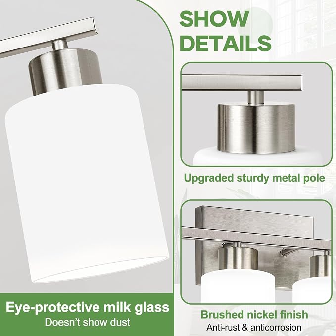 Brushed Nickel Bathroom Light Fixtures with Milk Glass Shades, Eye-Friendly 6 Light Vanity Lights for Bathroom, Vanity Lights with E26 Socket (Bulbs Not Included), for Mirror, Bedroom, Hallway