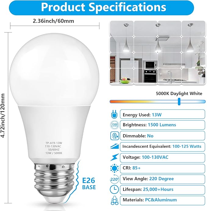 MAXvolador A19 LED Light Bulbs, 100 Watt Equivalent, Daylight White 5000K, 1500LM, E26 Base, Non-Dimmable, 13W Bright White Bulb, 30-Pack