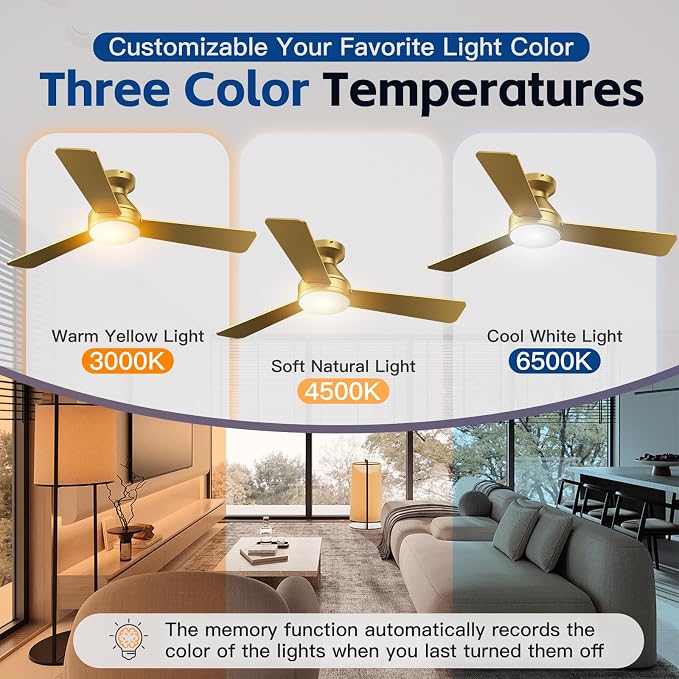 42 Inch Ceiling Fans with Lights And Remote, 3CCT/Flush Mount/6 Speed/Gold | Flush Mount Low Profile Ceiling Fan, 6 Speed Noiseless LED Ceiling Fan, All Gold Ceiling Fan for Bedroom Living Room