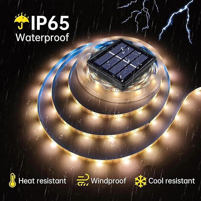 19.8 FT Solar LED Strip Lights, Outdoor Waterproof Rope Light 3000K Cuttable & 8 Modes Solar Powered Tape Lighting for Step, Sign, Driveway (1 Pack)