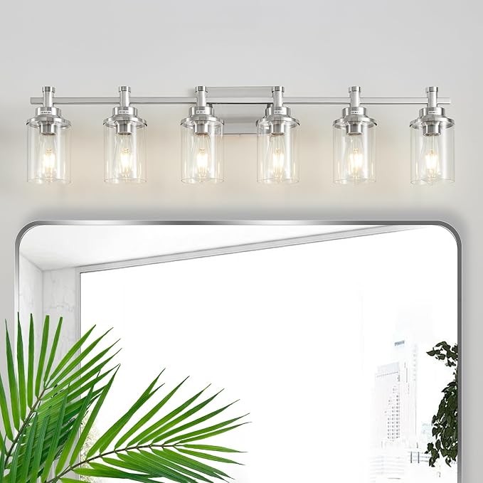 6-Light Bathroom Vanity Light, Brushed Nickel Fixtures Over Mirror, Wall Mount with Clear Glass Shade, Modern Wall Sconce