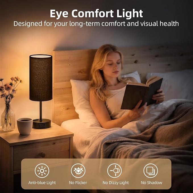 Table Lamp for Nightstand, High-Sensitivity Touch, 3-Level Dimmable Bedside Lamp with AC Outlet | USB | and USB-C, Ideal Night Stand Lamp for Bedroom (1, Black)