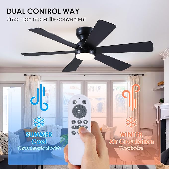 Asyko 46"Black 6-Blade Modern Low Profile Ceiling Fan with Light and Remote | 6 Double-Sided Blades,6 Wind Speeds, Reversible,Dimmable 3 CCT LED Light, 25W Quiet DC Motor,1/2H Timer,for Bedroom Kitchen