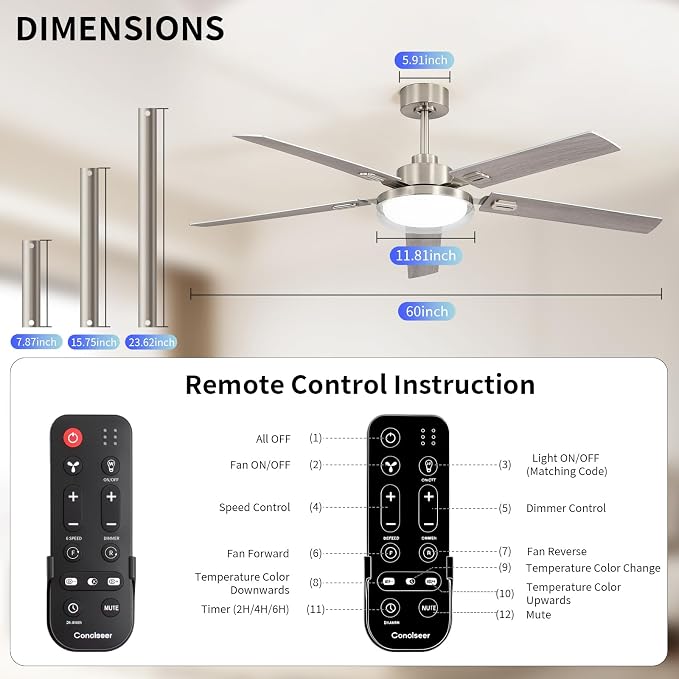 60 Inch Ceiling Fans with Lights and Remote, Living Room Office Industrial, 5CCT Dimmable, Dual Color 5 Blades, 6 Speed Reversible Quiet DC Motor, Double-Layer Lampshade, Sand-nickel/Wood Grain