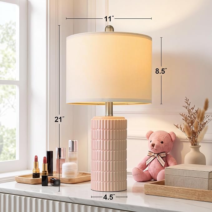 PoKat 21'' Pink Ceramic Table Lamp with Gift Box, Modern, Small for Bedroom | Nightstands lamps for bedside, farmhouse home decor for girls room, ideal housewarming birthday gift for kids women teen