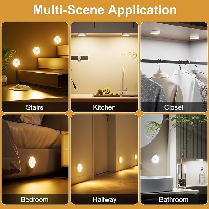 Under Cabinet Lighting, 1500mAh Rechargeable Motion Sensor Puck Lights with Remote, 3 Color Temper, Magnetic Stick on Light, Dimmable Under Counter Lights for Kitchen, Shelf, Closet, Stair, 6Pack