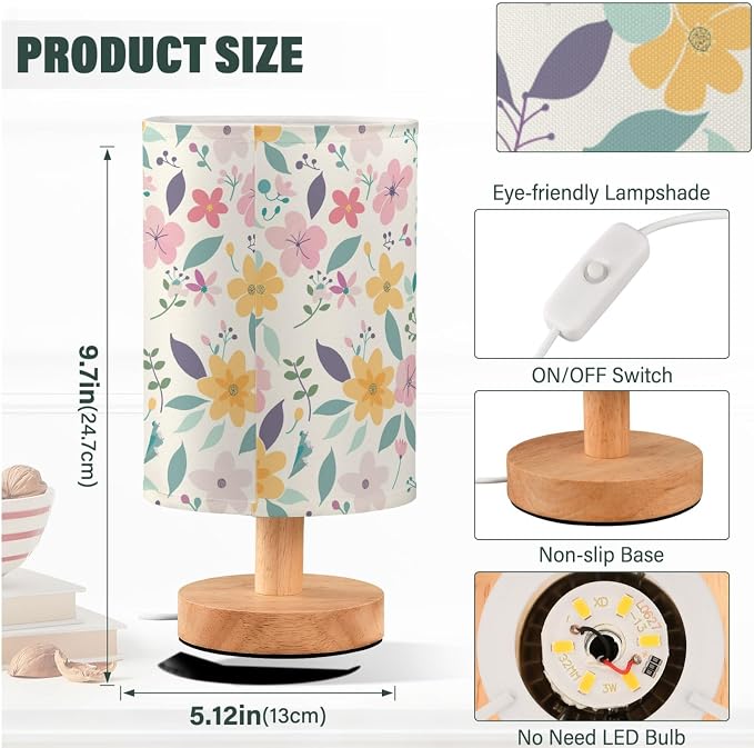 Cute Spring Floral Yellow Pink Flowers Table Lamp for Bedroom USB Port Lamps Small Accent Table Lamp Nightstand Lamp Sturdy Linen Shade Wooden Base Decorative Lamps for Bedside Reading|Kids|Dorm|Home