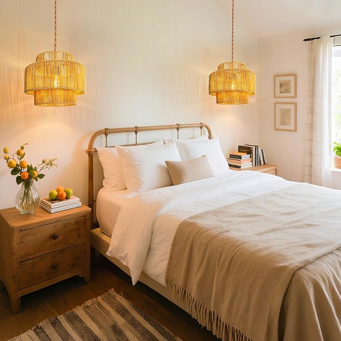 Hanging Light Ceiling Lamp Pendant Lights Rattan Hanging Lamp with Plug in Cord for Living Room Bedroom Kitchen Indoor Hanging Lamp Plug in Woven Lampshade