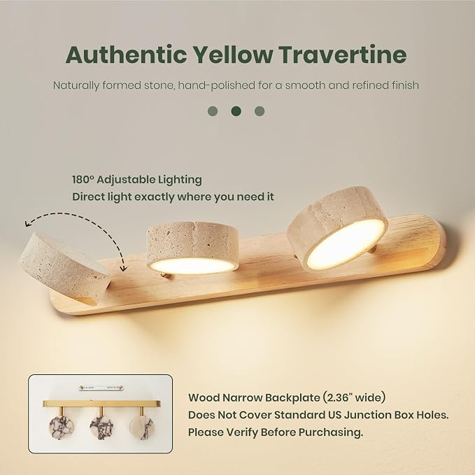 Natural Wood Bathroom Vanity Light with with 3 Travertine Stone Shades, 19.68in LED Bathroom Light with Solid Wood Base, Modern Rustic Vanity Light Fixture for Bathroom Light Over Mirror, Hallway