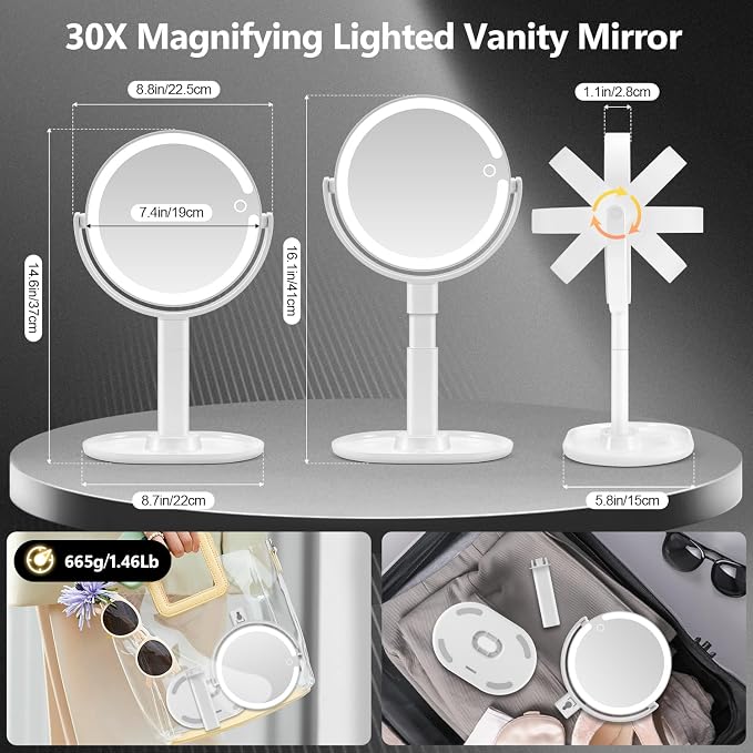 MIYADIVA Makeup Mirror with Lights, 30X Magnifying Mirror with Light and Touch Switch, Rechargeable Vanity Mirror with 3 Color Light and 80 LEDs, Height Adjustable Desk Mirror for Bathroom, Gift Idea