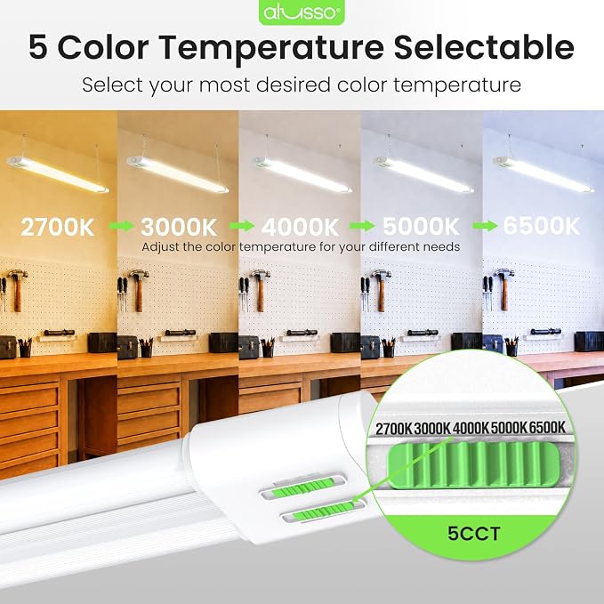ALUSSO® 4FT LED Shop Lights, 6000LM 30W/45W/60W, 5CCT 2700K/3000K/4000K/5000K/6500K, 120V Utility Light Fixture for Garage, Hanging or Surface Mount, Linkable LED Workbench Light with Plug, 4 Pack