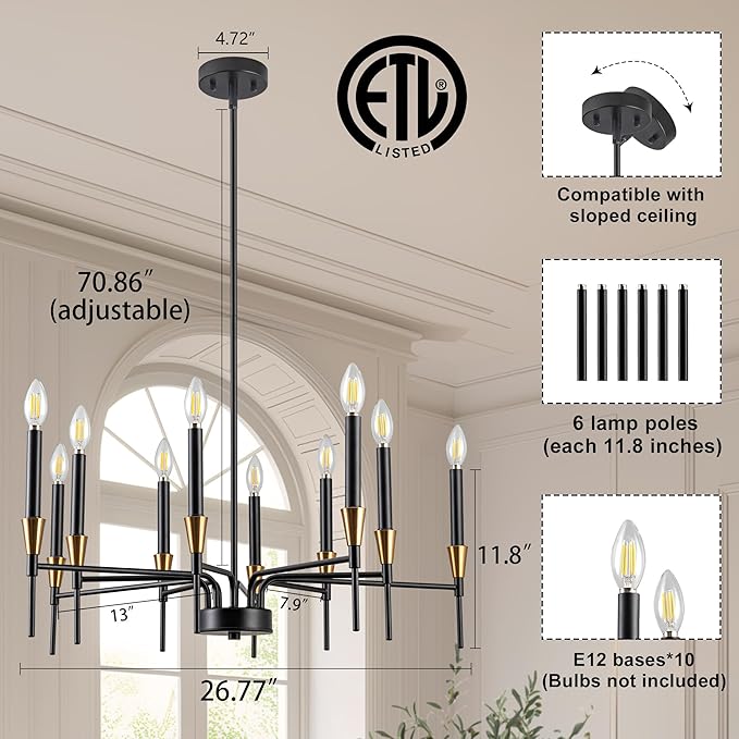 Chandeliers for Dining Room Farmhouse Dining Room Light Fixture 10-Light Black and Gold Chandelier Light Fixture Industrial Black Farmhouse Chandelier for Living Room, Bedroom, Foyer