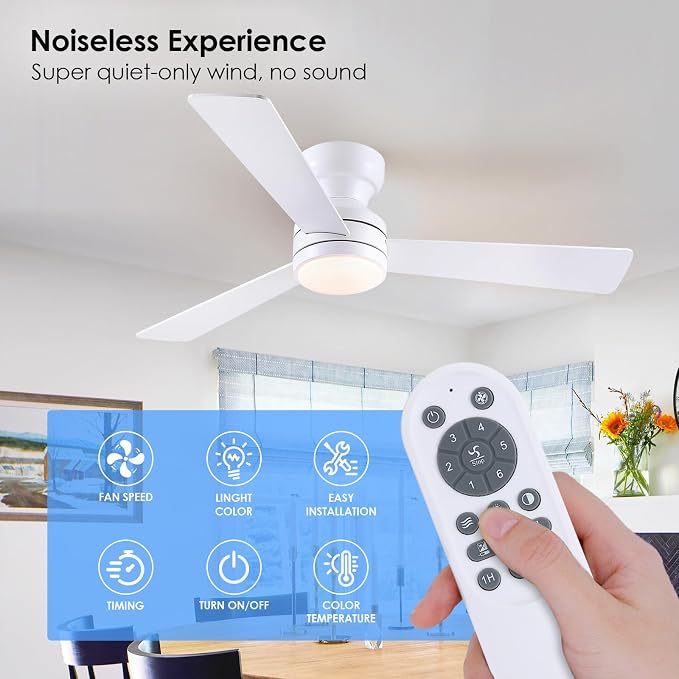 Asyko 46" White Modern Low Profile Ceiling Fans with LED Lights and Remote | Reversible 6 Wind Speeds, Dimmable 3 CCT LED Light, 25W Quiet DC Motor,2H Timer,3 Double-Sided Blades,for Bedroom Kitchen