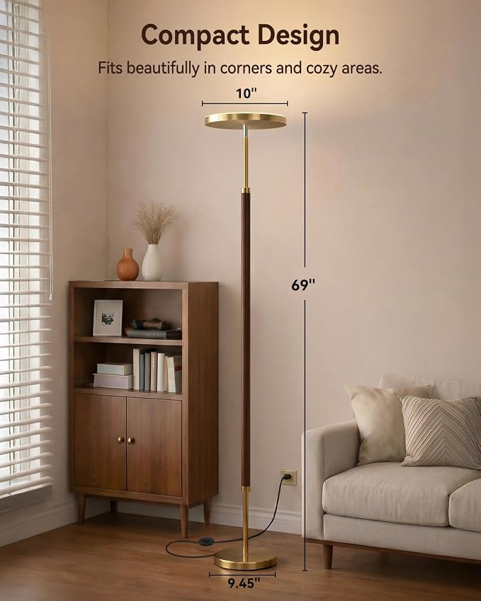 Wood LED Torchiere Floor Lamp with Remote, 3000LM Dimmable | 69" Tall Uplight, 3000K-6500K Color Temperature, 1-Hour Timer, Eye-Caring Lighting, For Living Room, Bedroom & Office