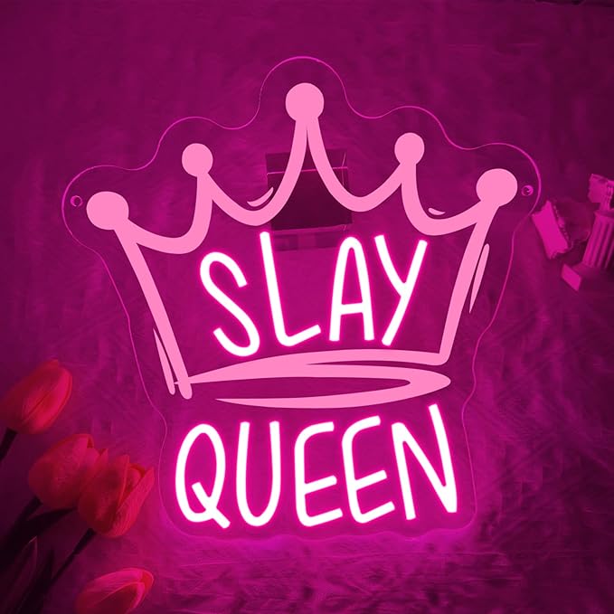 Slay Queen Neon Sign,Pink LED Neon Light Up Signs for Wall Decor,Crown LED Light for Bedroom Preppy Girl Aesthetic Room Dorm Y2k Party Game Room,Gift For Women Girls Teen USB Powered（11.4"*11"）