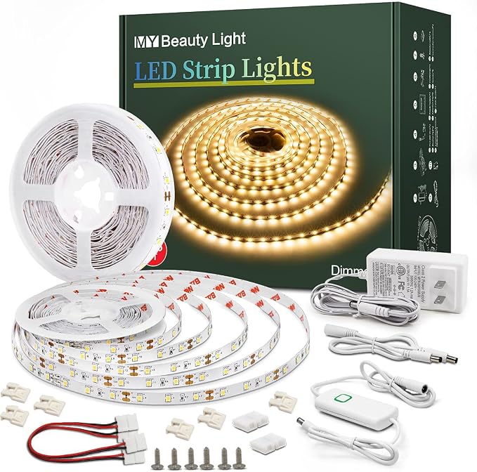 Led Strip Lights 50.5ft Warm White Dimmable Led Light Strip Flexible Rope Lights Kits with 24v Etl Power Supply, Adhesive Clips, Dimmer Switch and Connectors for Indoor Decor