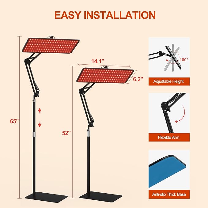 Morfone Red Light Therapy for Body Face Tri-Wavelength 660nm, 850nm, 940nm | LED Infrared Light Therapy Lamp Panel with Adjustable Stand Protective Glasses, Home Use, Gift for Women Girl, Black Grey M