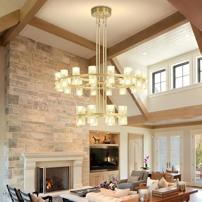 D16''+D32'' 2 Tier Gold Wagon Wheel Chandelier, 48-Lights Farmhouse Pendant Light Fixture, Round Rustic Hanging Lighting for Dining Room Kitchen Island Foyer Entryway