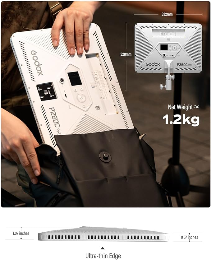 Godox P260C Pro Ultra-Thin Video Light Panel with 8800mAh Battery, APP Control 45W 4160Lux 2800-6500K CRI 98+ Dimmable Bi-Color 18" Soft Light Panel for Photography YouTube Recording Game Live Stream