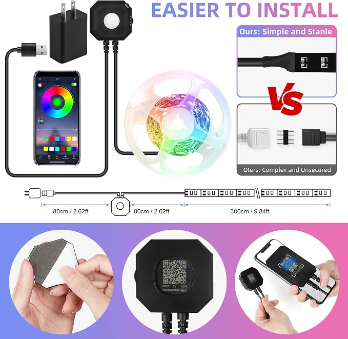 Motion Activated Under Bed Lights,2x9.8ft Motion Sensor RGB Strip Light | APP Control Dimmable LED Night Light with 4 Timing Off Modes,USB 5V Color Changing LED Tape Lights for Bed Cabinet Stair