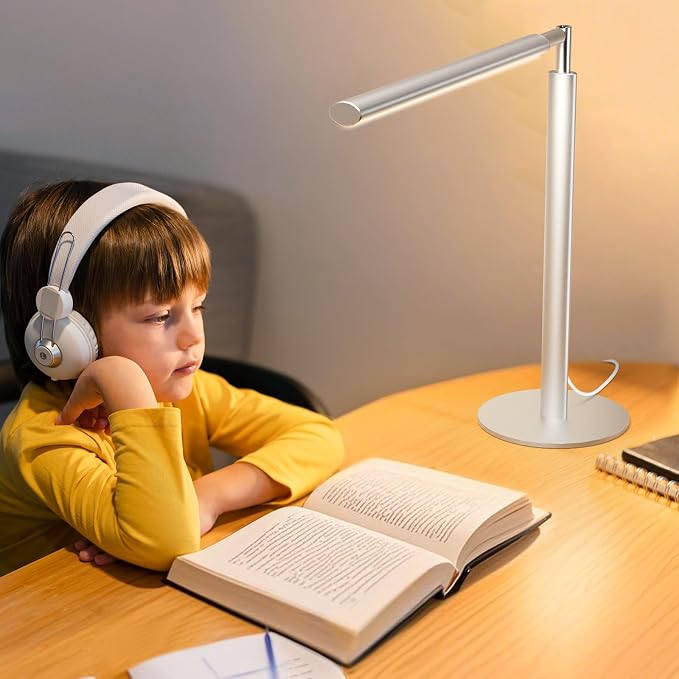 Silver LED Desk Lamp, 16" Dimmable Metal Desk Light with Base, 15W 1200LM, Adapter Included, Color & Brightness Adjustable, Modern Tall Table Lamp for Home Office Reading Study Task Laptop