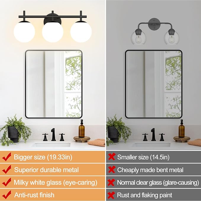 MOKATNG 3-Light Bathroom Light Fixtures with Milky White Glass, Matte Black | 19.3 inch Vanity Lights for Bathroom, Bathroom Lighting Over Mirror, Wall Sconce, Fits E12 bulbs(Bulb Not Included)
