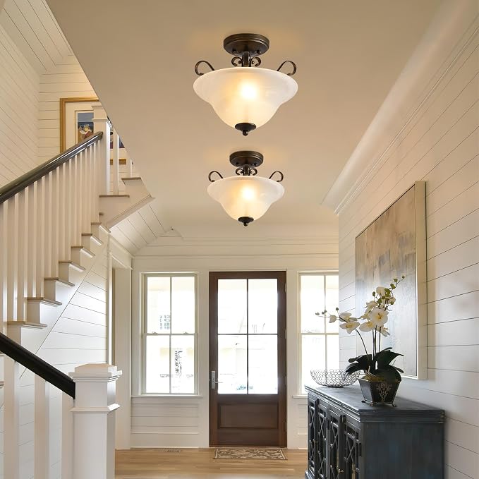 Luvkczc Upgrade 12" Semi Flush Mount Ceiling Light, Brass Ceiling Light Fixture, Mid Century Ceiling Light, Glass Close to Ceiling Light for Bedroom Kitchen Porch Hallway, Bulbs Not Included