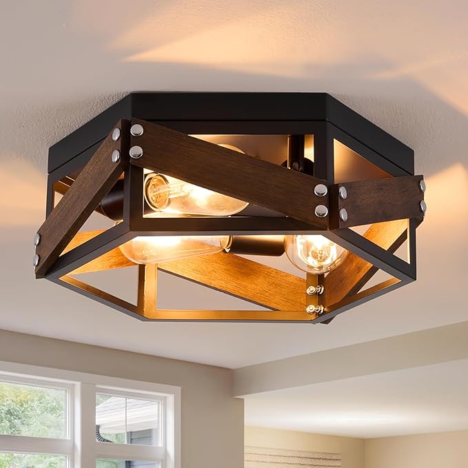 XSDeTu Farmhouse Flush Mount Ceiling Light, 3-Light Hallway Lights with Metal and Wood, Industrial Kitchen Light Fixtures Ceiling Mount, Rustic Black Chandelier for Bedroom Living Room Bathroom