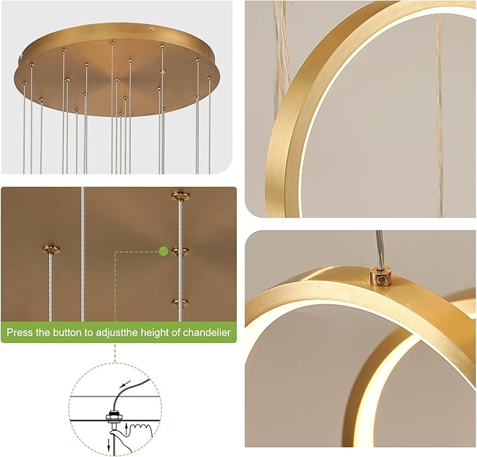 20 Ring High Ceiling Chandelier Foyer, Gold Modern LED Large Staircase Long Chandeliers Light Fixture with Remote for Staircase Entryway Living Room Dining Room(118in, 3000K-6500K)