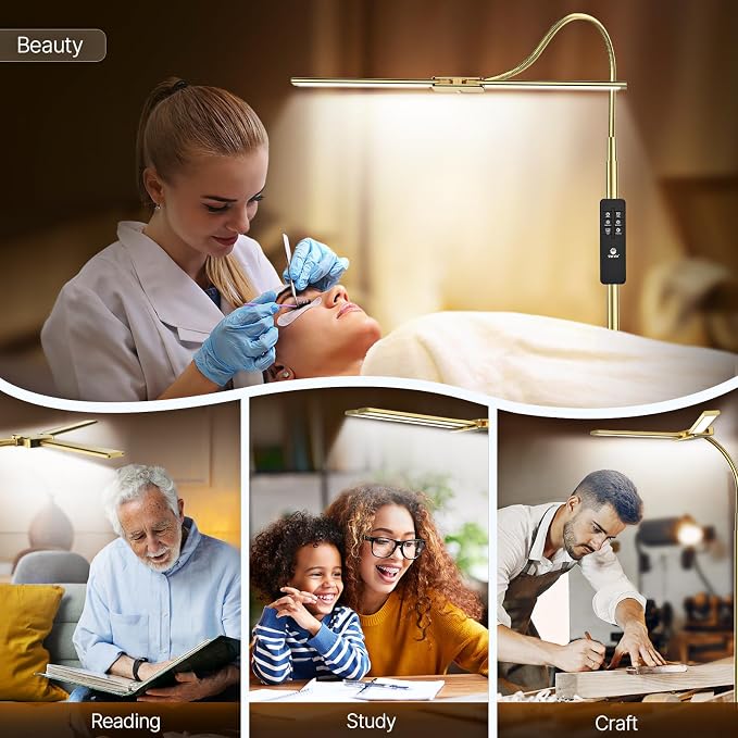 Syrinx LED Floor Lamp, 18W 2000LM Bright Reading Floor Lamp for Office, Gesture & Remote Control, Dual Head Gooseneck Standing Lamp, Dimmable Brightness & Color Temp, Floor Light for Living Room, Gold