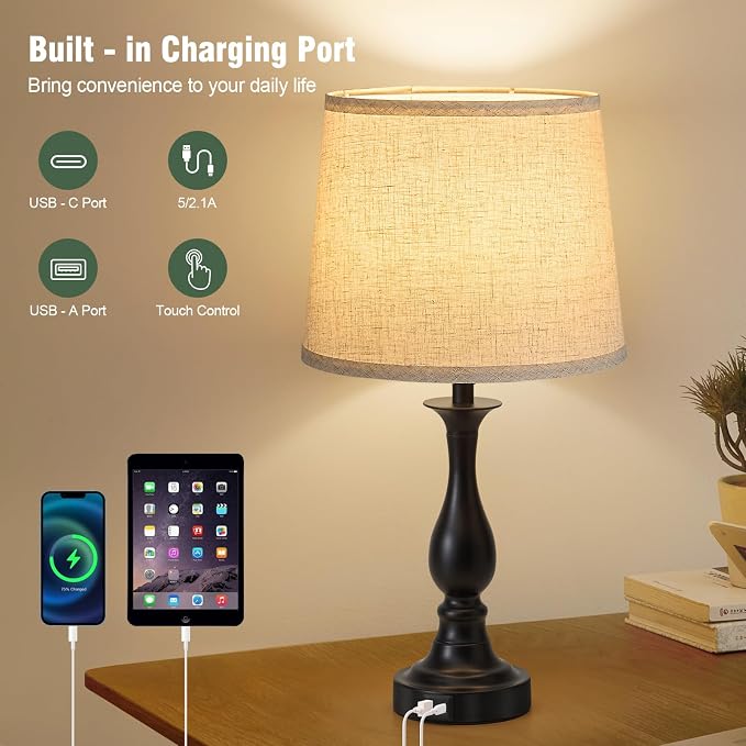 Bedside Table Lamp Touch Control Bedroom Lamps with USB A + C Charging Port 3 Way Dimmable Touch Lamps for Nightstand Living Room Bedroom Dorm Home Office Reading, Set of 2 (Beige Shade & Black Base)