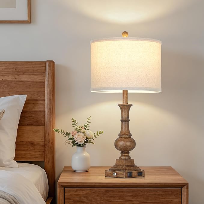 26" Tall Farmhouse Table Lamp,Bedside Lamps for Bedroom | Antique Brown,USB A/C Charging Ports & AC Outlet,3-Way Dimmable Touch Control,Vintage Rustic,Living Room,Nightstand,End table
