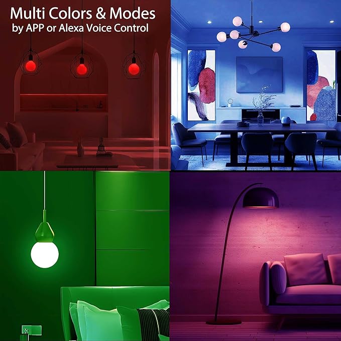 ILC App-Controlled LED G25 Globe Light Bulbs, Bluetooth Mesh, 1600 Million Colors, 60W Equivalent, 6W, 600LM, CRI>95+ Daylight White 5000K, E26 Base Vanity Light Bulbs, Dimming via app only, 6 Pack