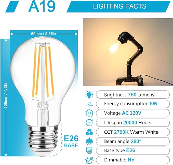 Ascher 60 Watt Equivalent, E26 LED Filament Light Bulbs, Warm White 2700K, Non-Dimmable, Classic Clear Glass, A19 LED Light Bulb with 80 CRI, Pack of 6