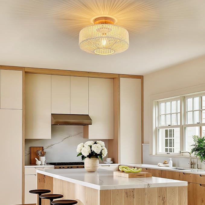 Rattan Light Fixtures Ceiling Flush Mount Boho Chandelier Bedroom Chandelier Ceiling Light for Nursery Hallway Entryway Kitchen Bathroom (Beige)