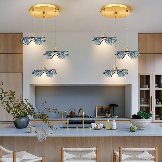 3-Cluster Chandelier Blue Glass Ceiling Pendant Light Fixtures Mid Century Adjustable Gold Brass Chandelier Lighting for Dining Room Living Room Kitchen, E26 Base