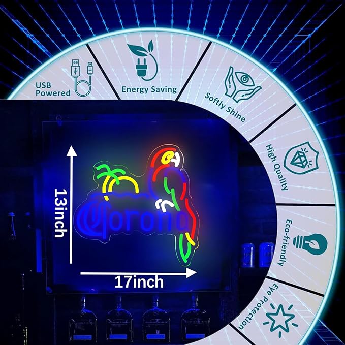 Coron Neon Sign Parrot Neon Lights for Bar Decor, Palm Tree Beer Lights Bar LED Neon Sign Dimmable Light Up Signs Man Cave Home Pub Beer Gift Neon Lamp (Blue)