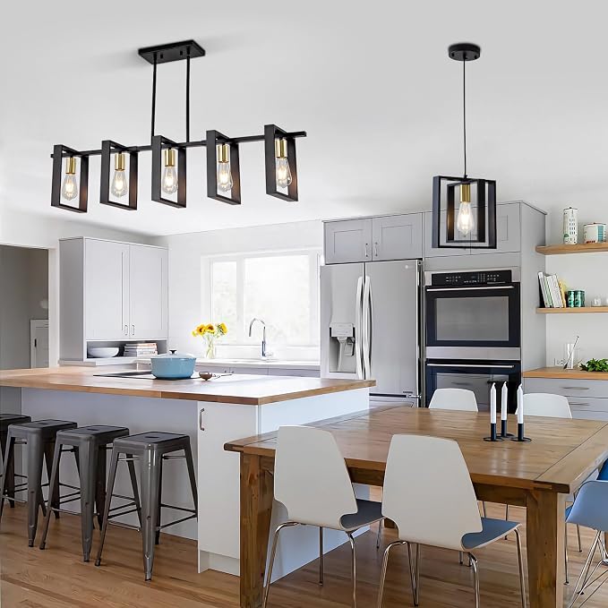 Farmhouse Kitchen Island Lighting Black Dining Room Lights Ceiling Hanging Rustic 5 Lights Wood Chandelier Light fixtures 41.3" Height Adjustable