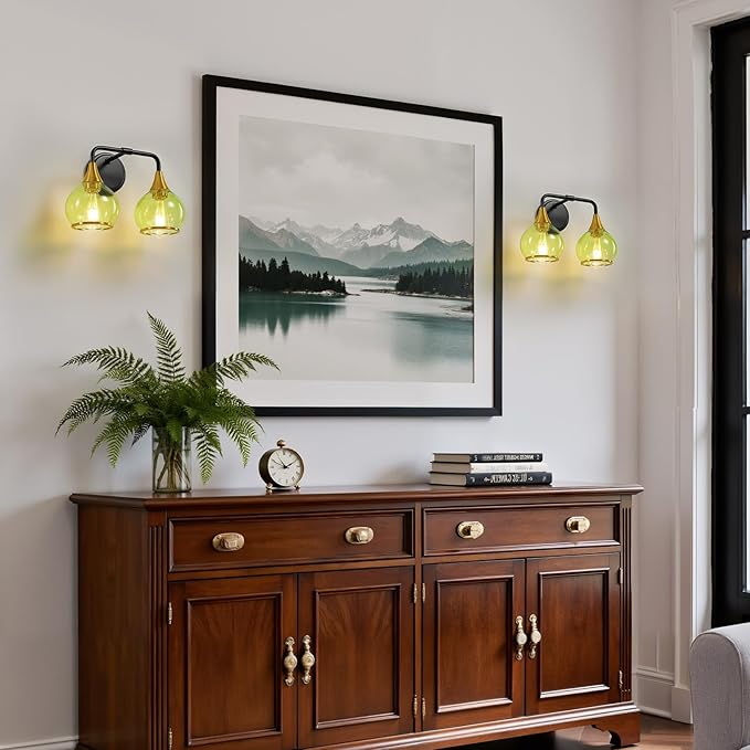 Black and Gold Bathroom Vanity Light 2-Lights Bathroom Light Fixtures Over Mirror with Green Clear Glass Shade 14 inch Wall Sconce Lighting Bath(Exclude E26 Bulb)