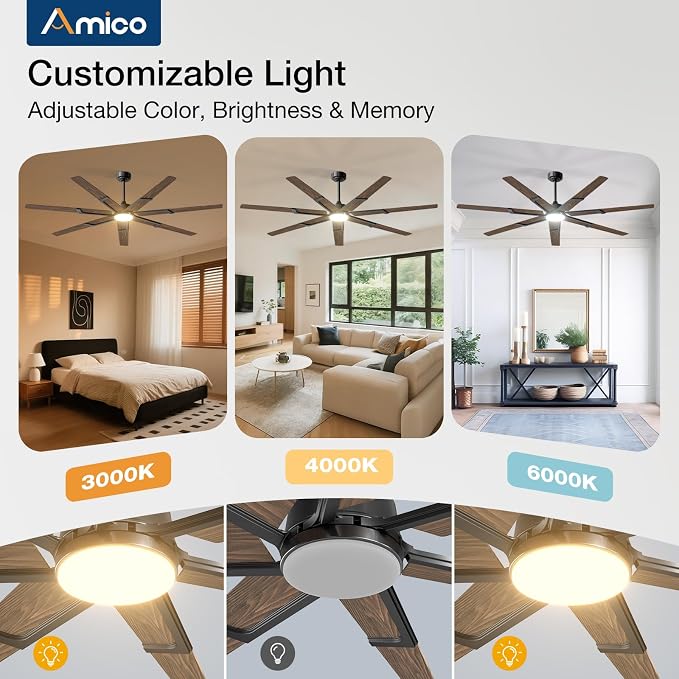 Amico 74 Inch Ceiling Fans with Lights and Remote, Walnut | 6 Speed Reversible DC Motor, 3CCT, Dimmable, Quiet, Timer, Large Modern Ceiling Fan for Living room, Indoor/Outdoor