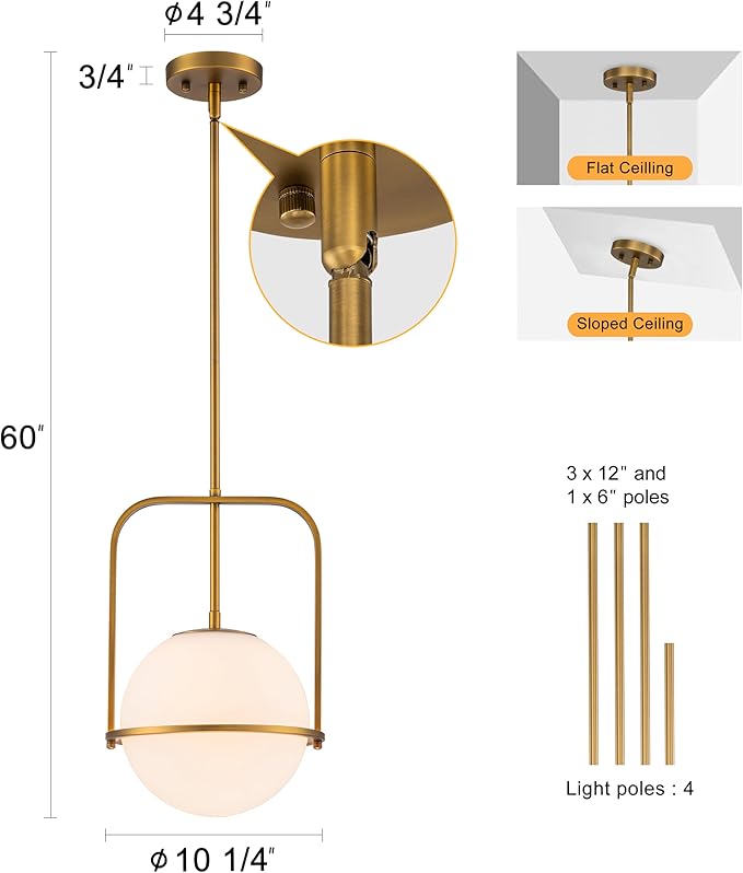 Brass Pendant Light Kitchen Island, 1-Light Modern Hanging Light Fixture, Adjustable Height Ceiling Light with Frosted Glass Globe, E26 Base, Dining Room, Entryway, Bedroom Lighting, ETL Listed